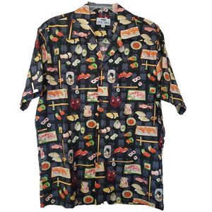 Locals Only Sushi Button Up Shirt Men Medium Short Sleeve Hawaiian Ebi Maki Sake